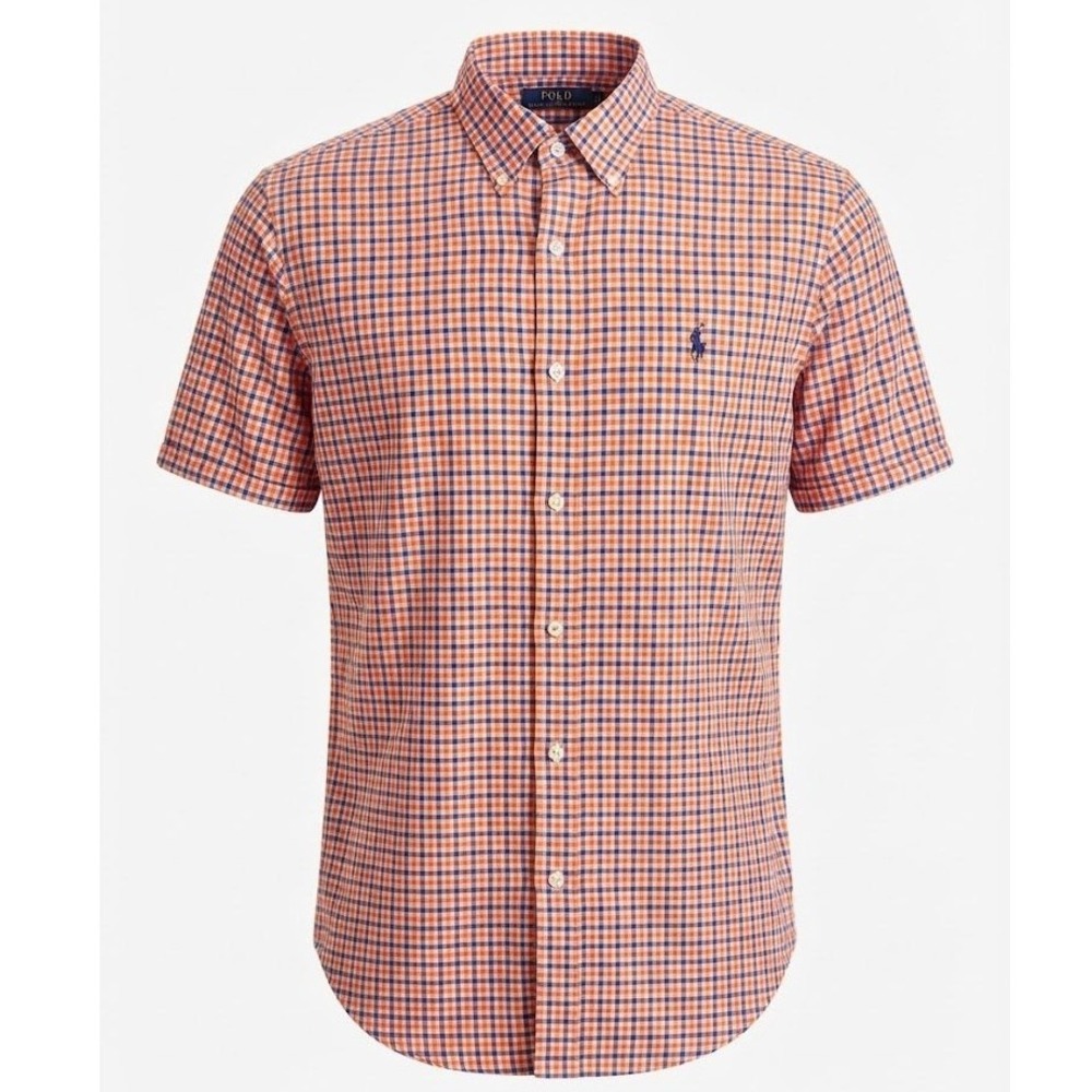 Ralph Lauren Mens XL Orange Check 100% Linen Short Sleeve Button Down Shirt - AC